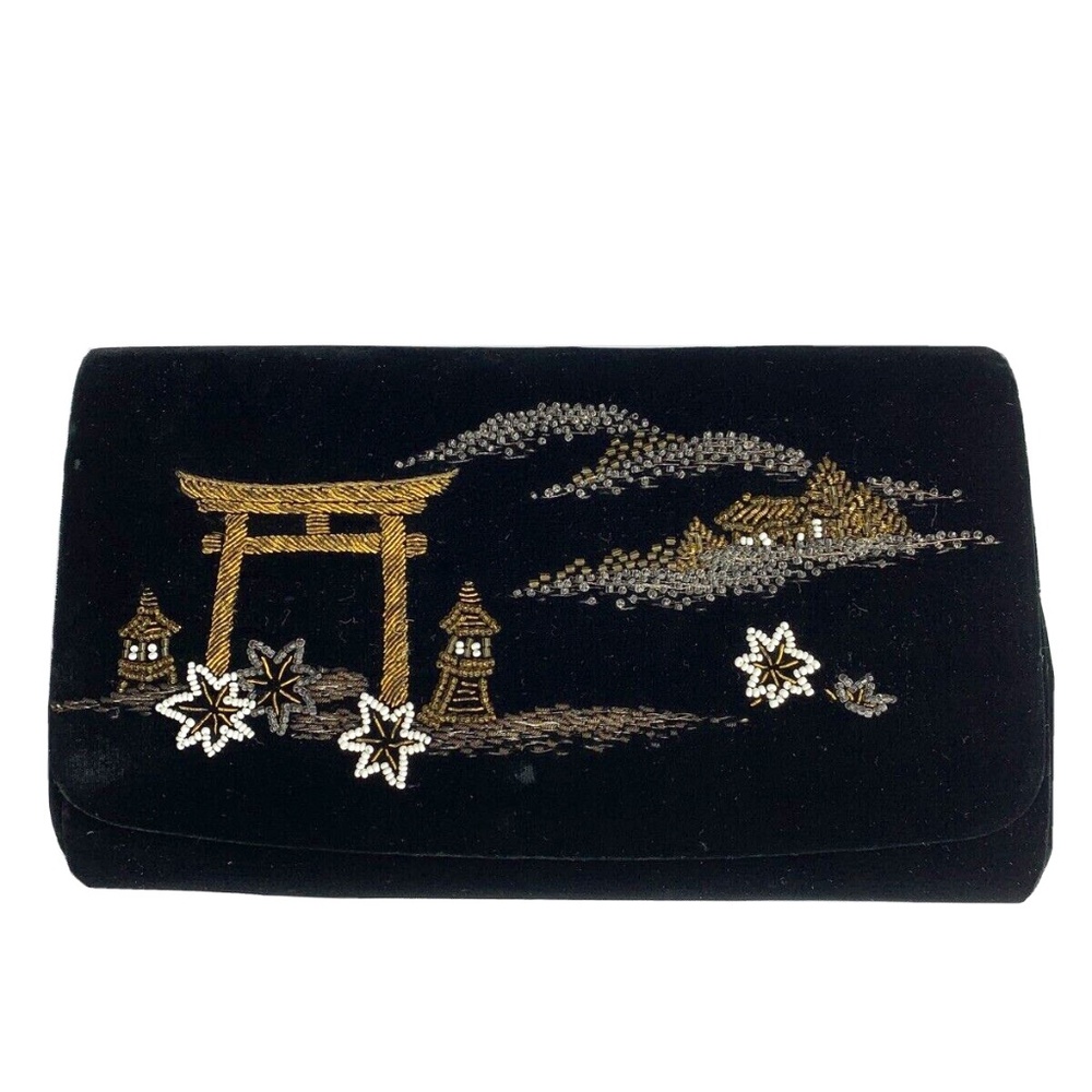 Vintage Fuji Bag Crushed Black Velvet Beaded And Embroidered Clutch Wallet